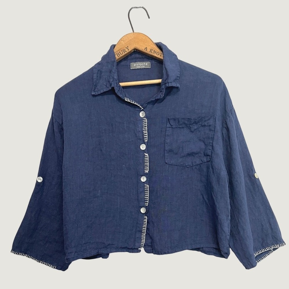 Pistache Navy Blue Linen Whipstitch Cropped Button Down Shirt Made in Italy OS